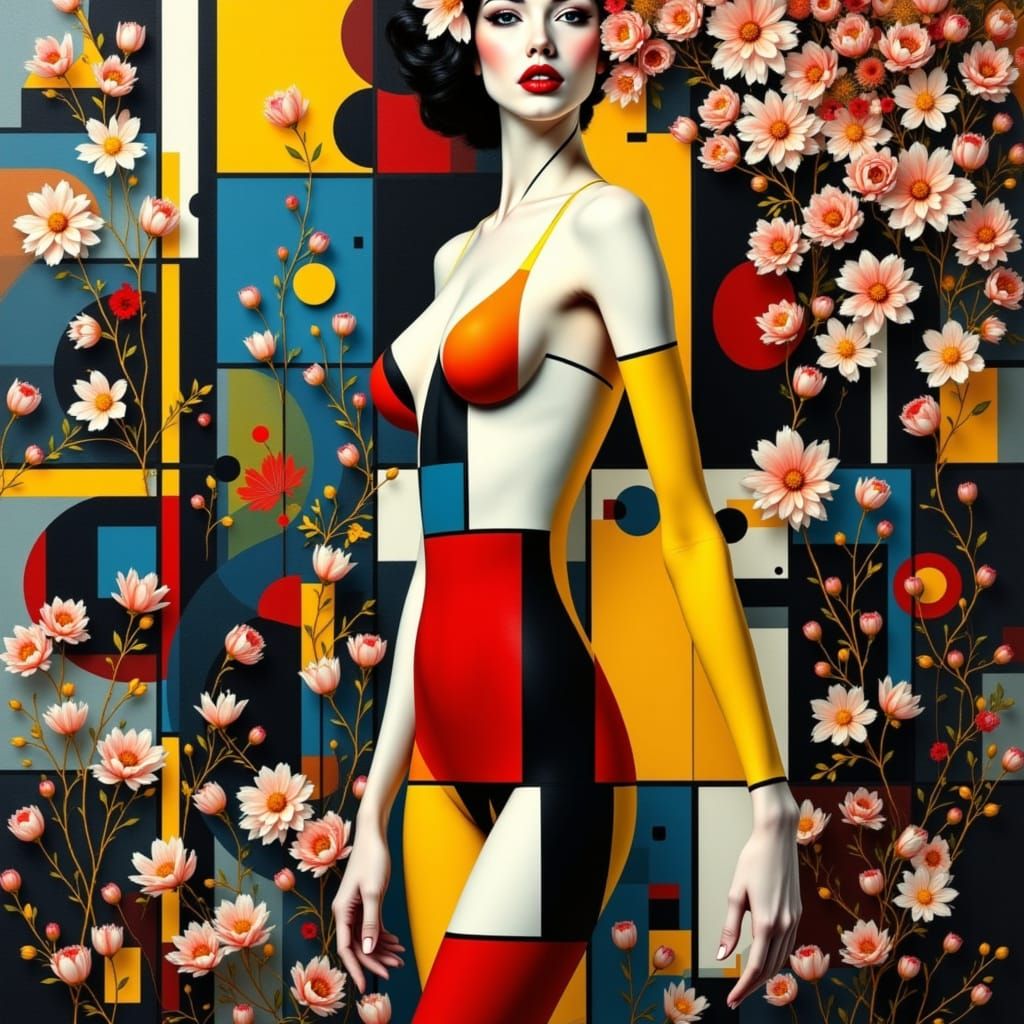 Vibrant Geometric Figure Study in Retro Garden Setting