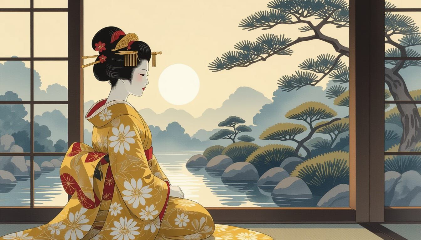 Serene Geisha in Gold Kimono Overlooking Japanese Garden