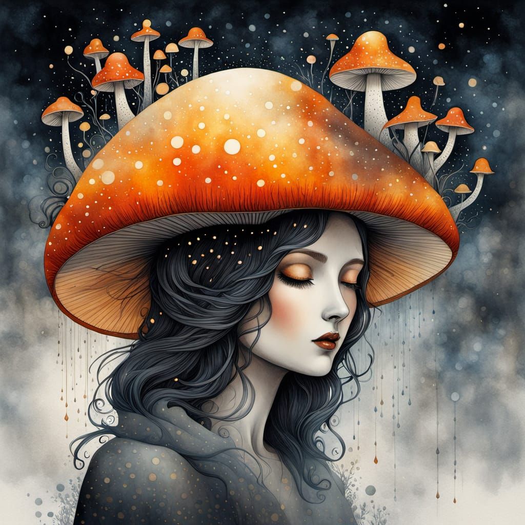 Mysterious Woman in Mushroom Hat Watercolor Poster Art