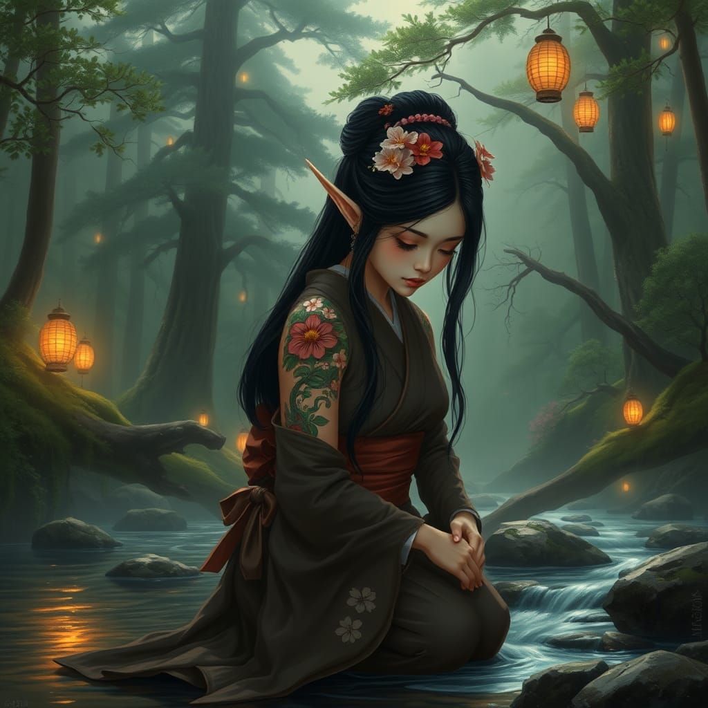 Elf Geisha in Misty Forest, Japanese Art Style