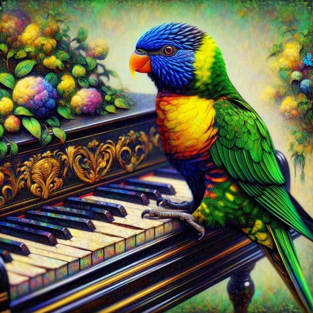Vibrant Rainbow Lorikeet Plays Piano in Whimsical Garden Sce...