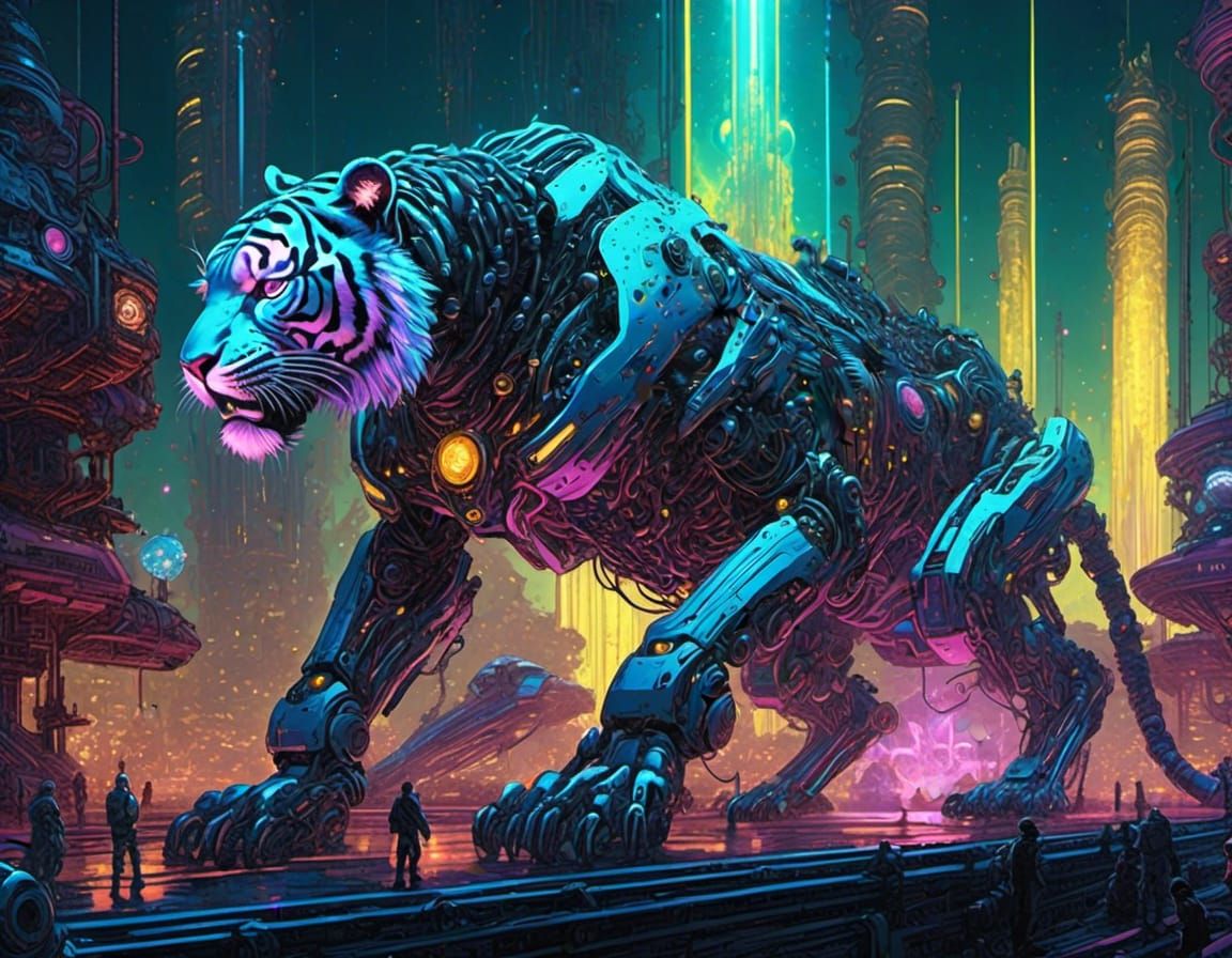 Cyberpunk Bioluminescent Tiger in a Neon Forest