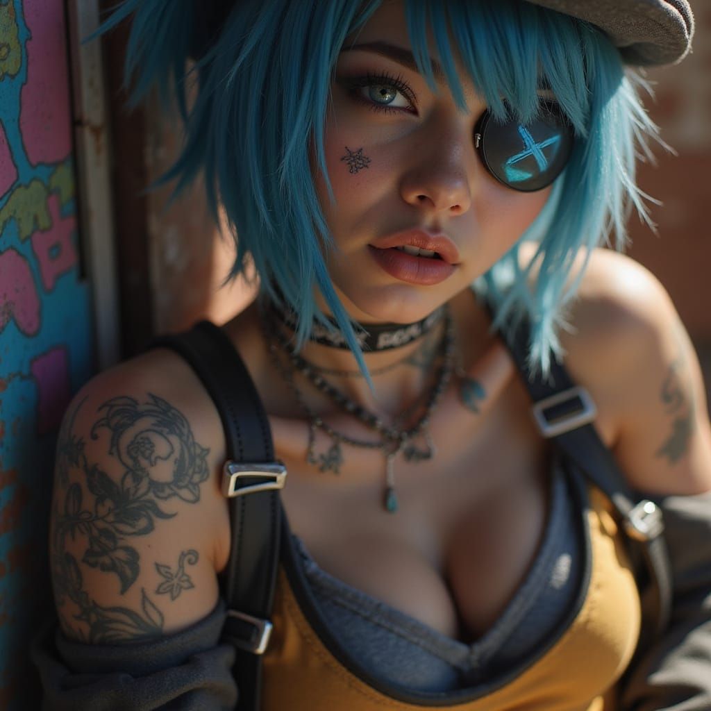 Cyberpunk Anime Punk Girl with Eye Patch in City
