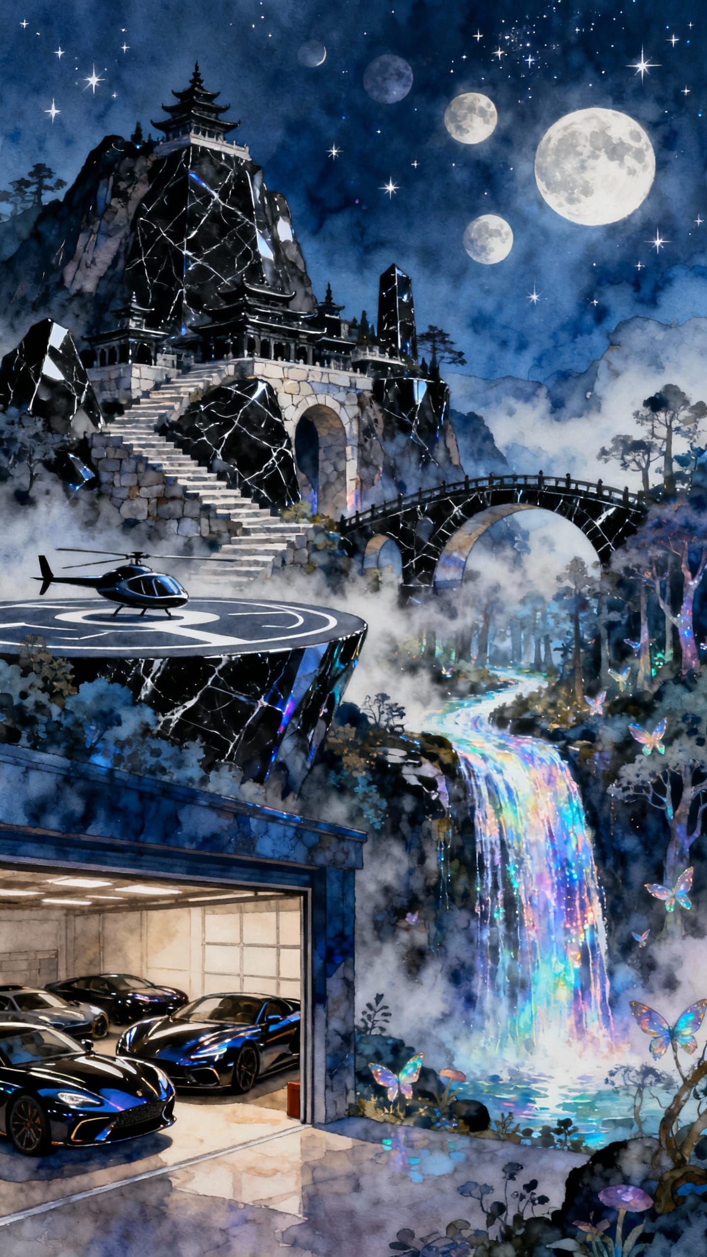 Midnight Temple City on Mountain in Watercolor