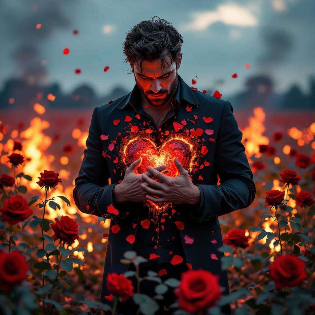 Gothic Man in Burning Rose Field Holding Ripped Heart
