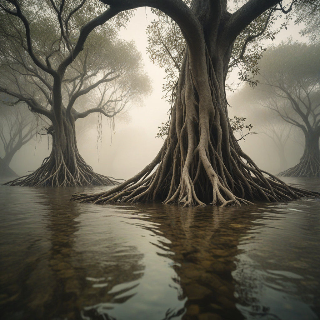 Dreamlike Mangrove Tree in a Golden Haze