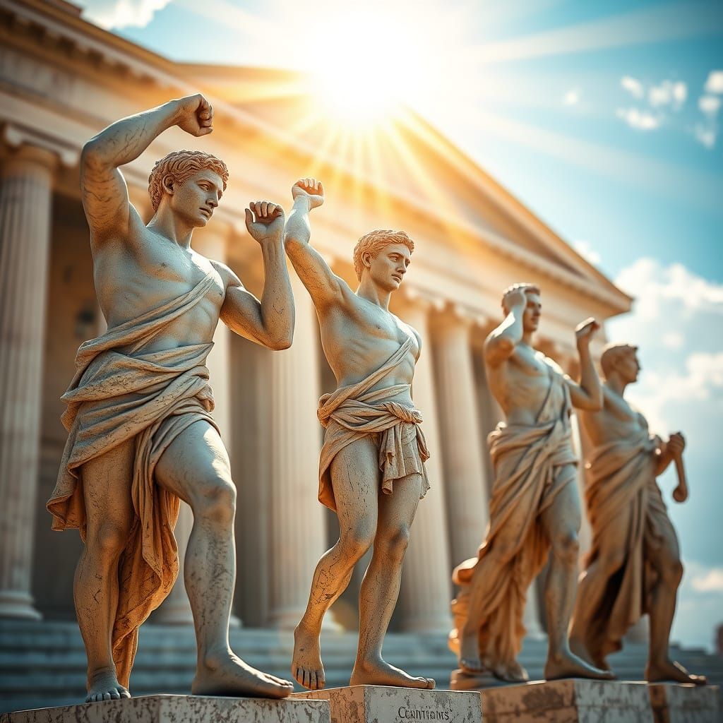 Stone Sculptures of Ancient Olympic Athletes in Divine Light