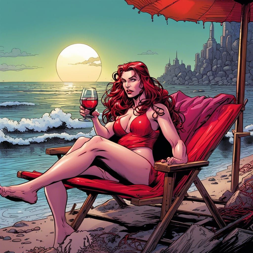 Scarlet Witch Relaxing by the Ocean in Comic Book Art