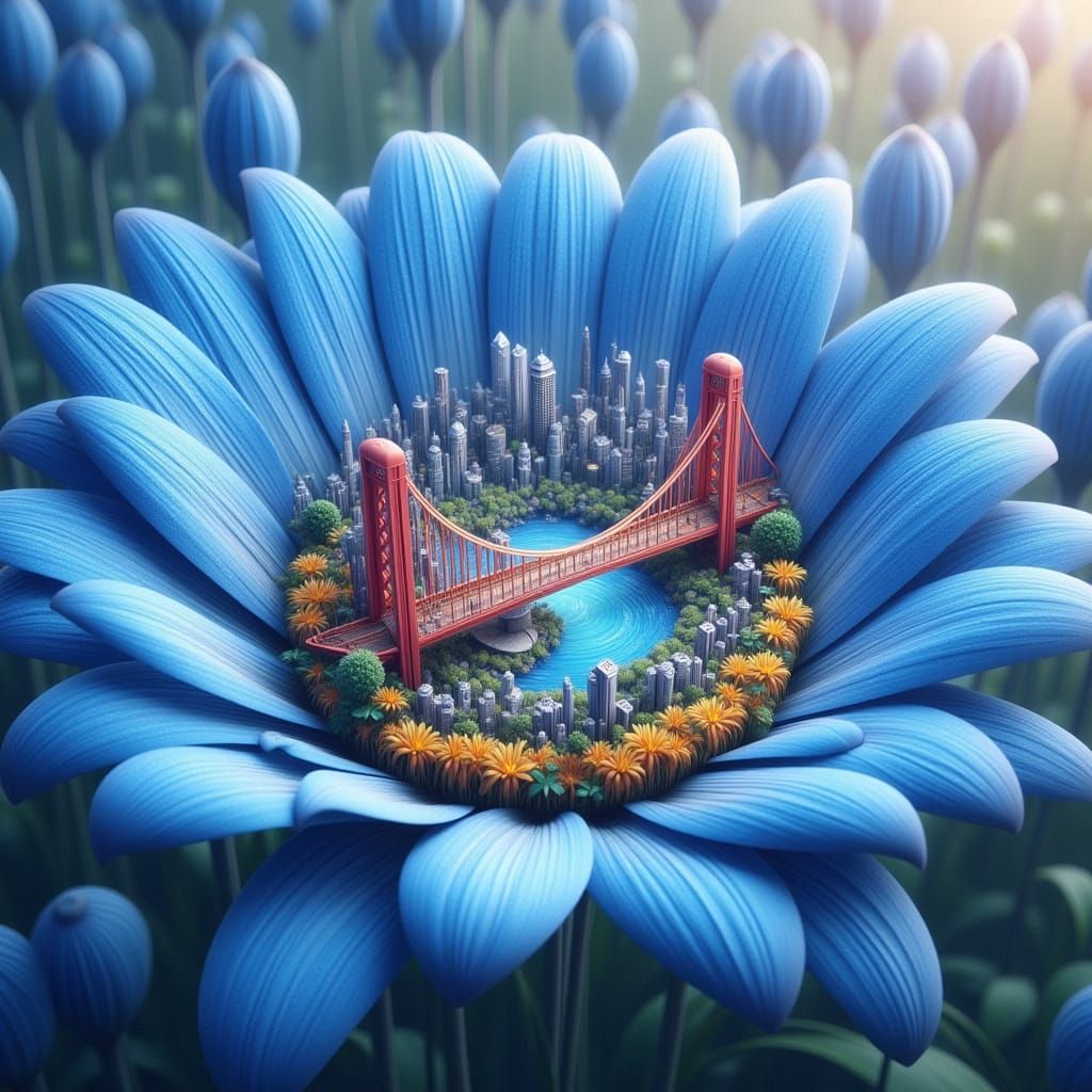 Mini San Francisco Inside a Blue Daisy, Whimsical Style