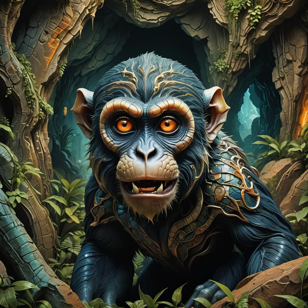 Pop Art Bull Monkey in Giger-esque Cave