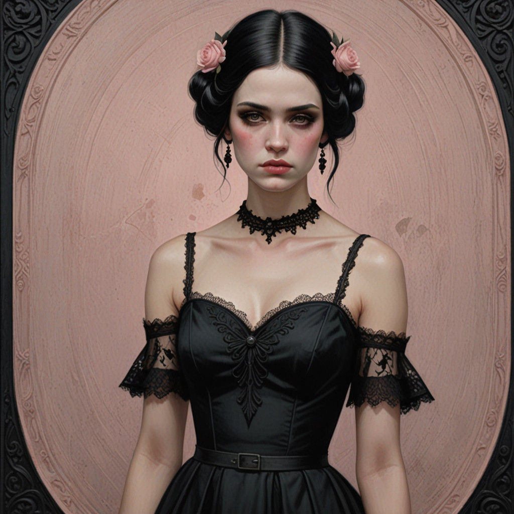 Confident Goth Woman in Powder Pink Dress