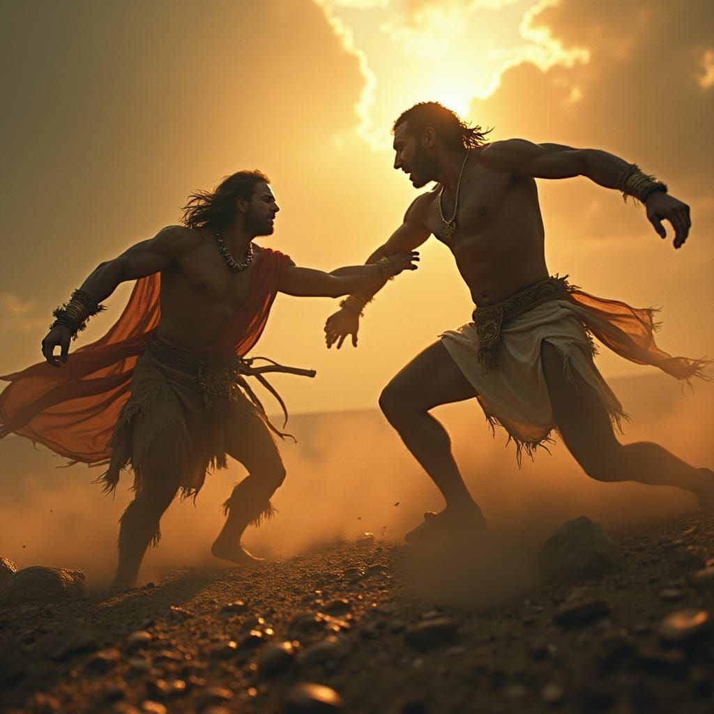 Epic Clash: Gilgamesh vs Enkidu in Hyperrealism