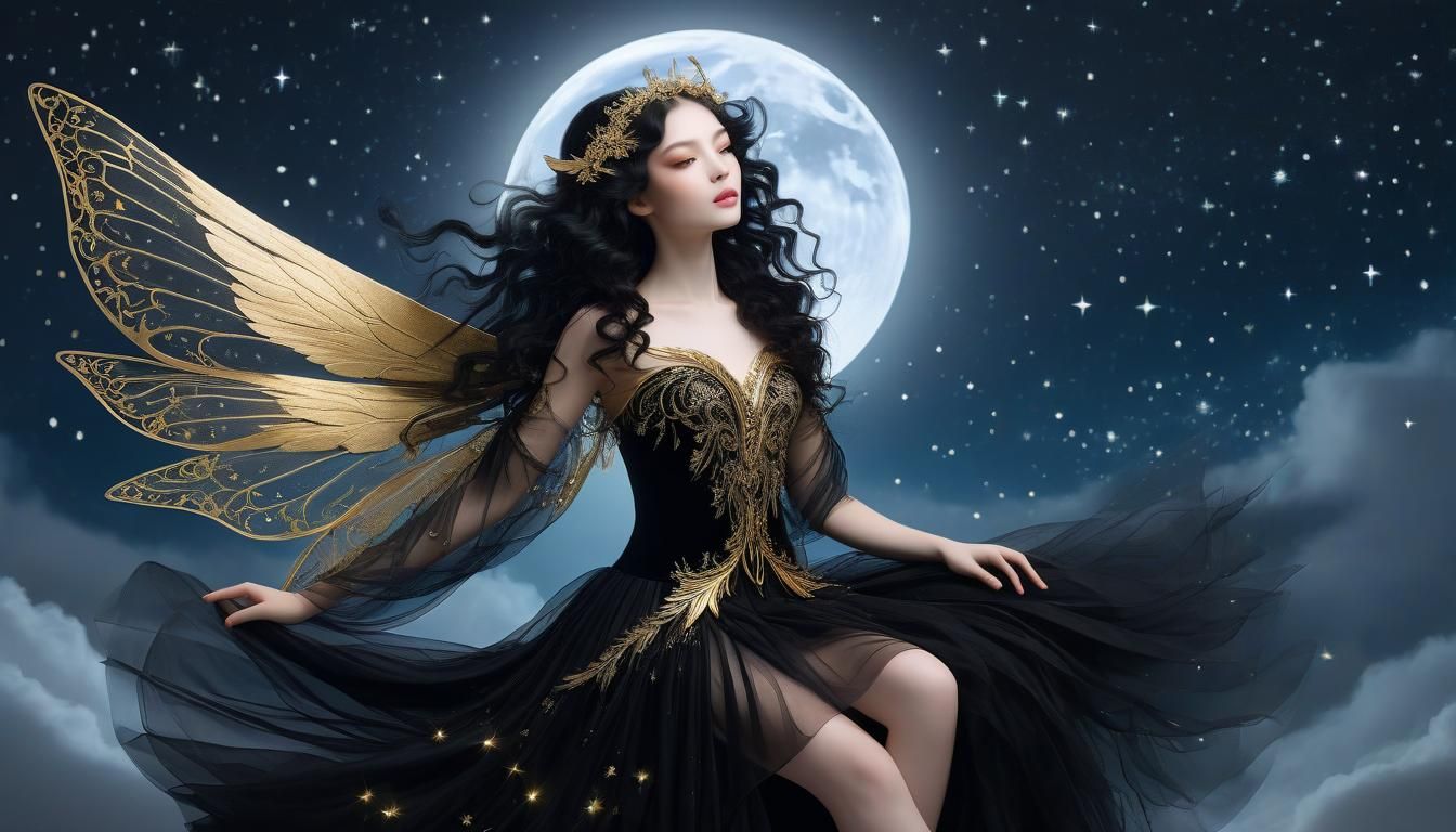 Gold Winged Fairy on Crescent Moon in Starry Sky