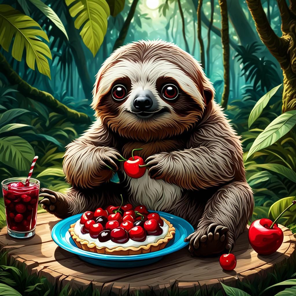 Sloth eating a scrumptious big red cherry pie  with cream in the picnic area in the jungle .