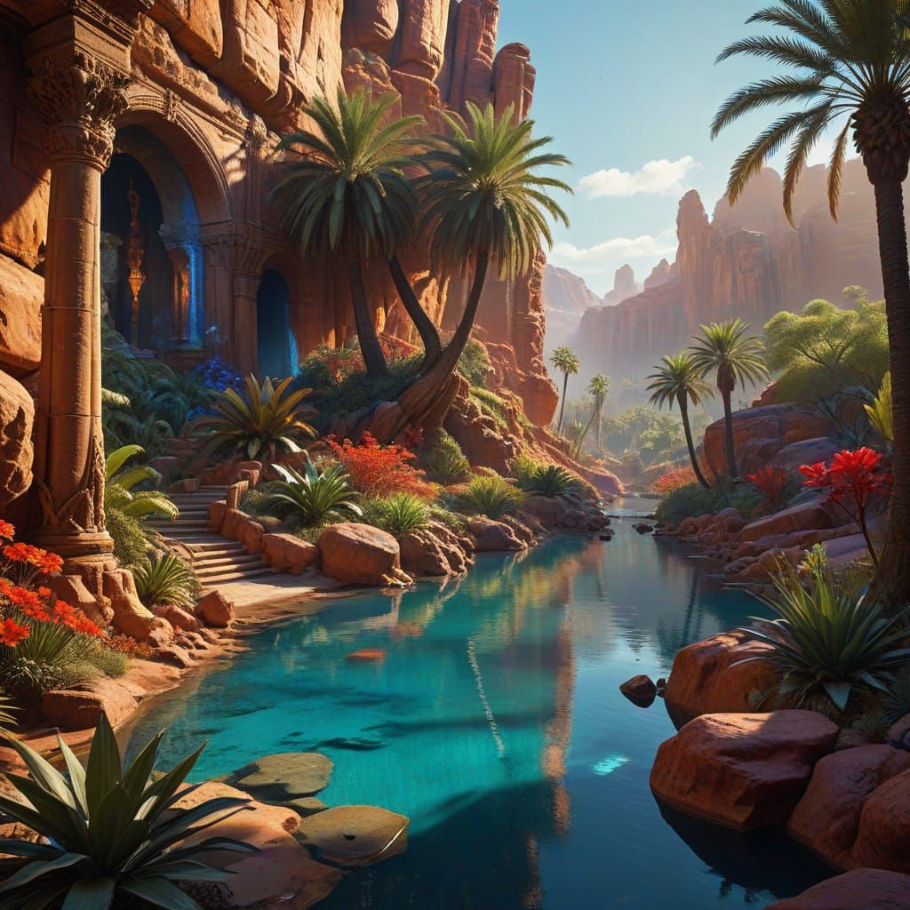 Majestic Desert Oasis with Rainbow-Hued Pond, Unreal Engine...