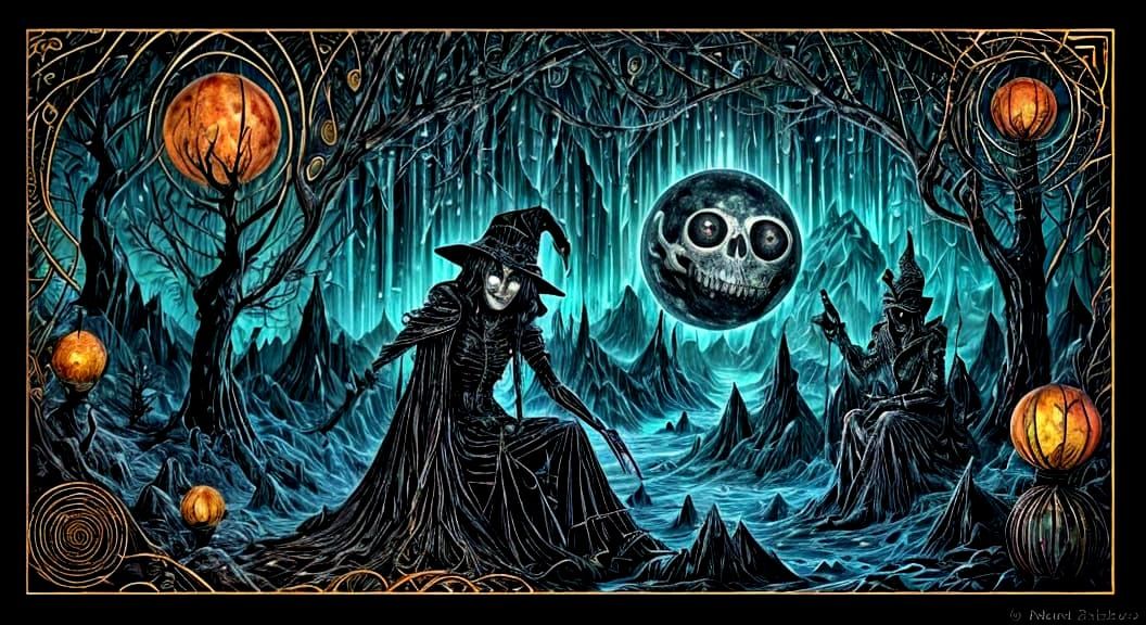 Skeletal Wizard and Witch with Glowing Orb in Surreal Dark W...