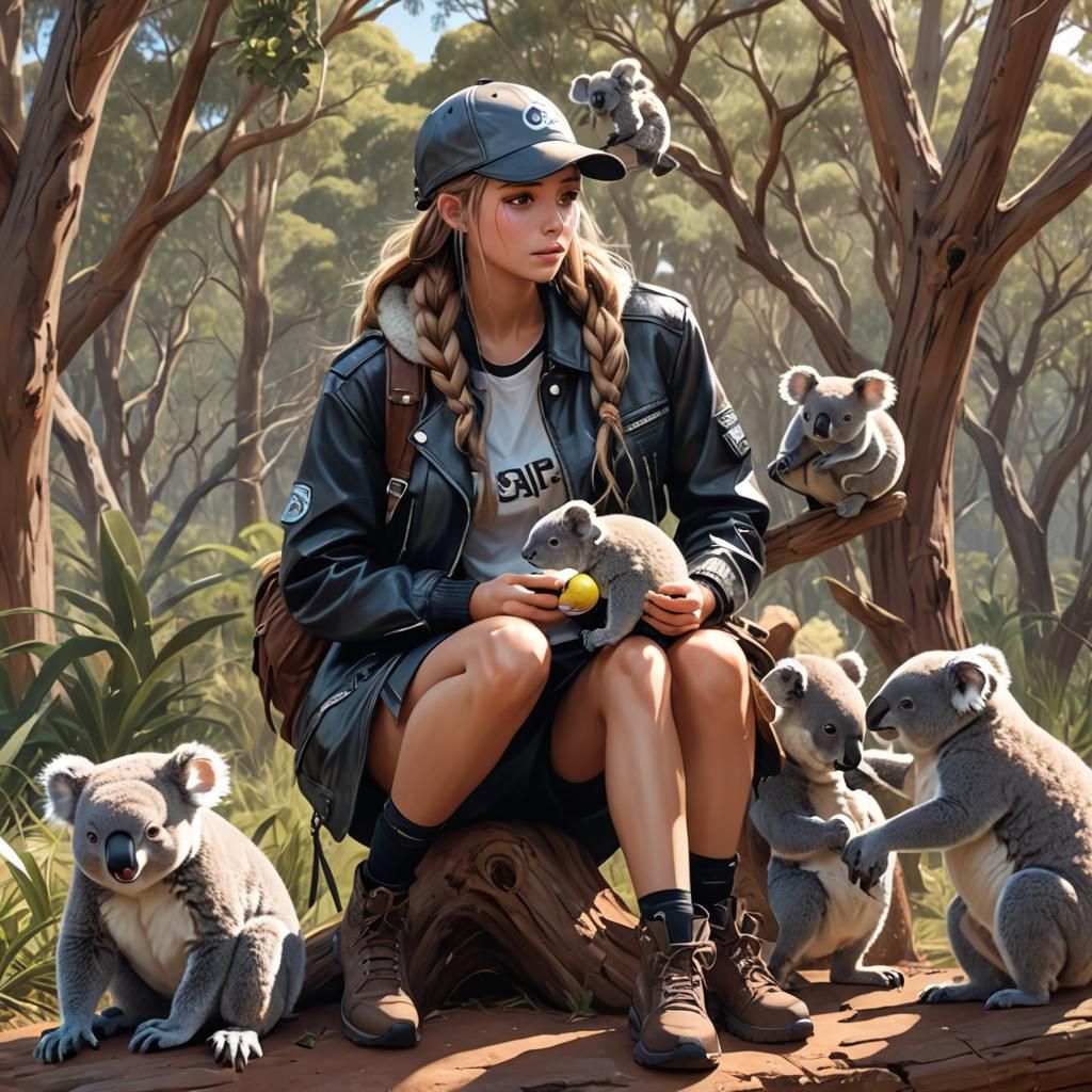 Australian Model Feeds Koala: Detailed 3D Anime Art