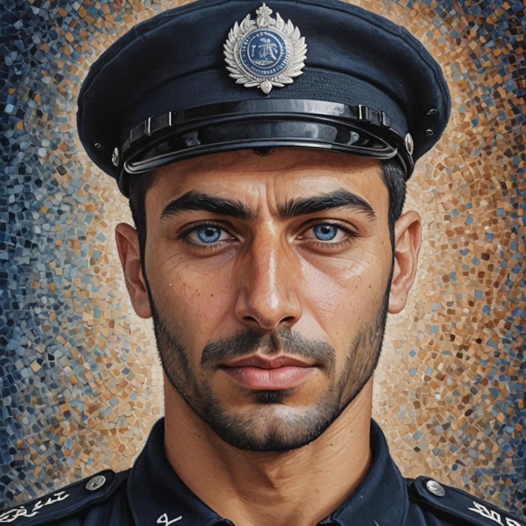Pointillist Portrait of a Handsome Arabian Turkish Policeman