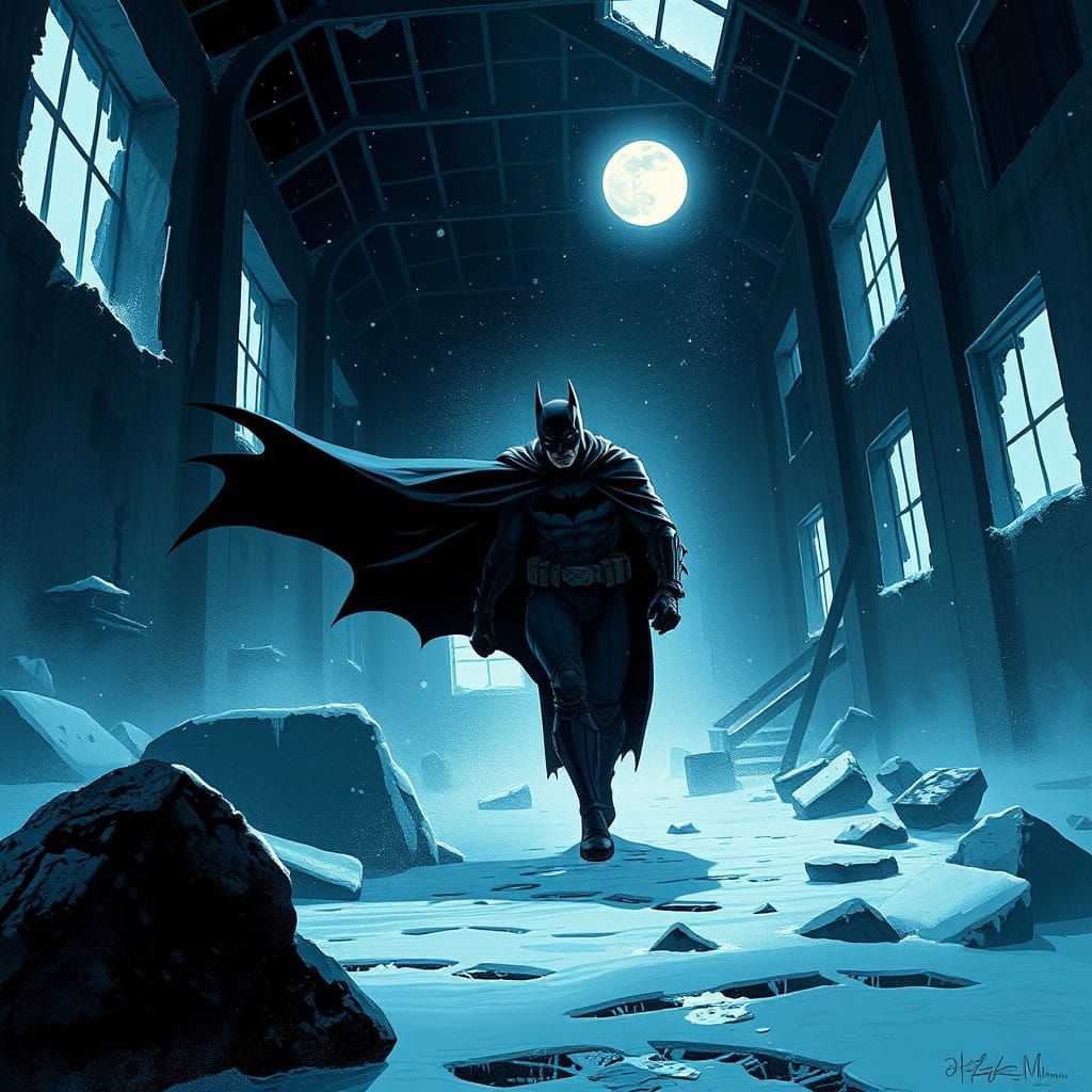 Batman Stealthily Navigates Icy Ruined Building