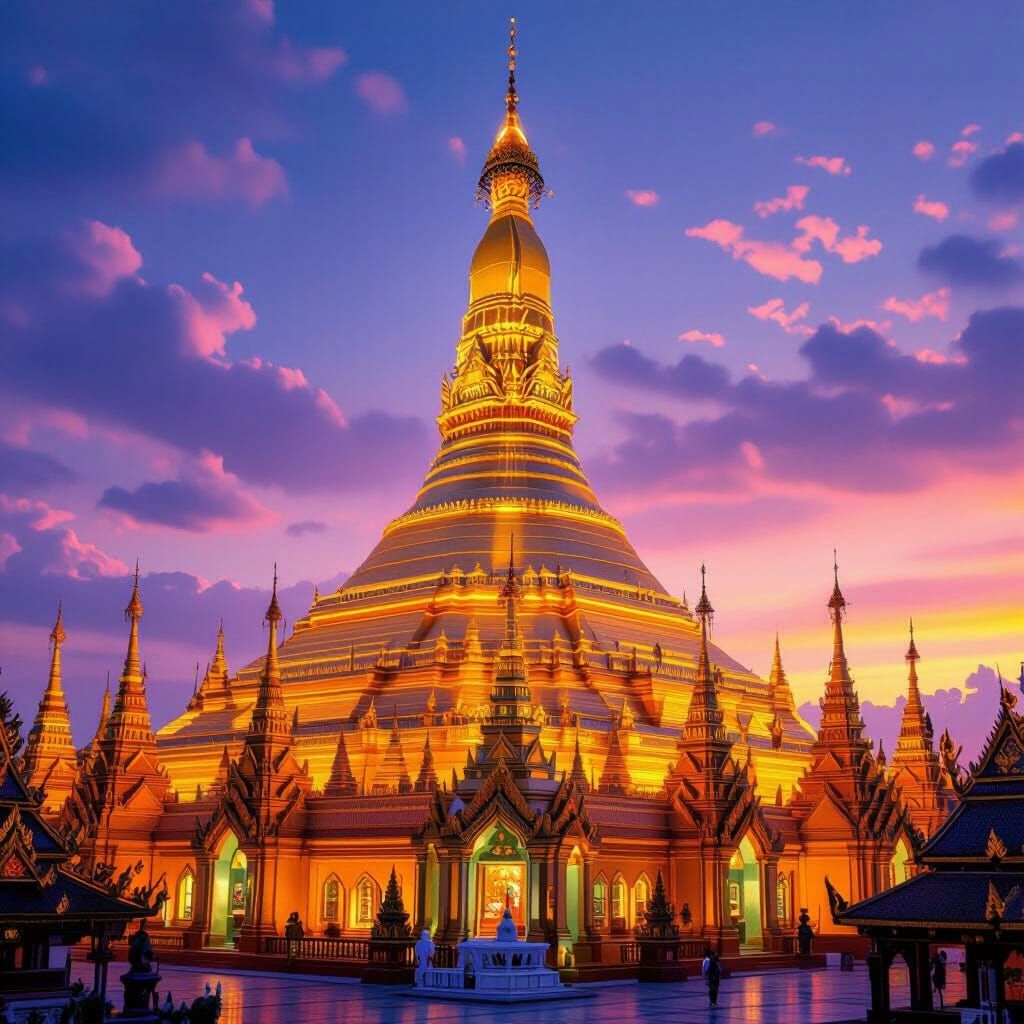 Shwedagon Pagoda Glowing with Vibrant Colors at Golden Hour