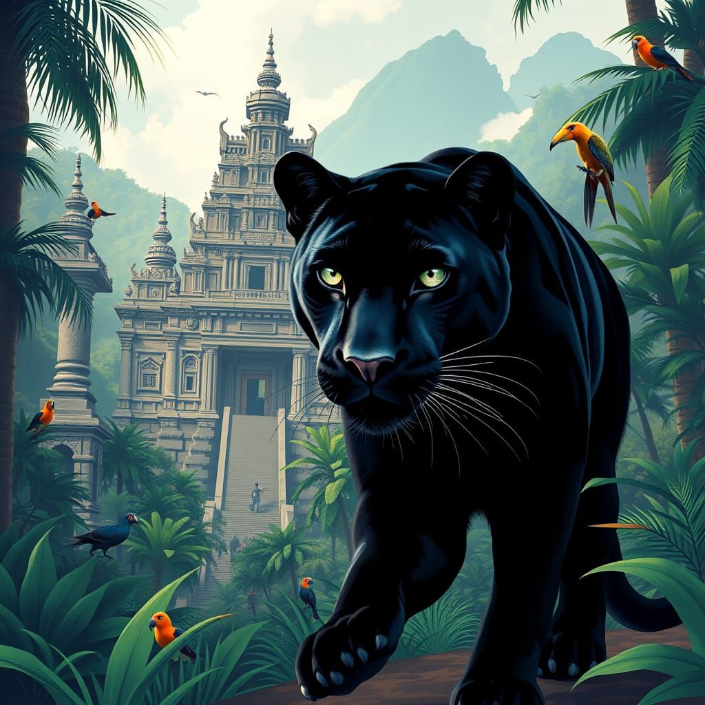 Black Panther at Jungle Temple in Pop Art Style