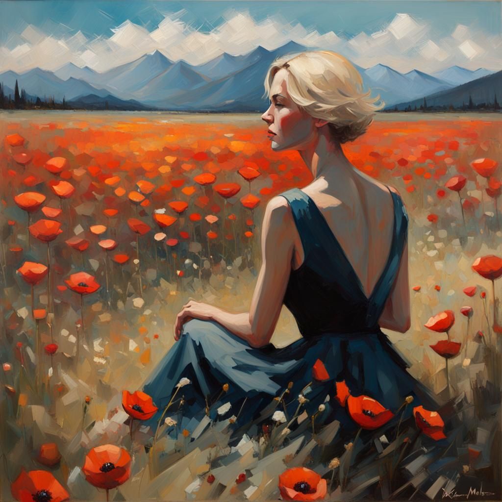 Woman in Poppy Field: Impasto Oil Painting