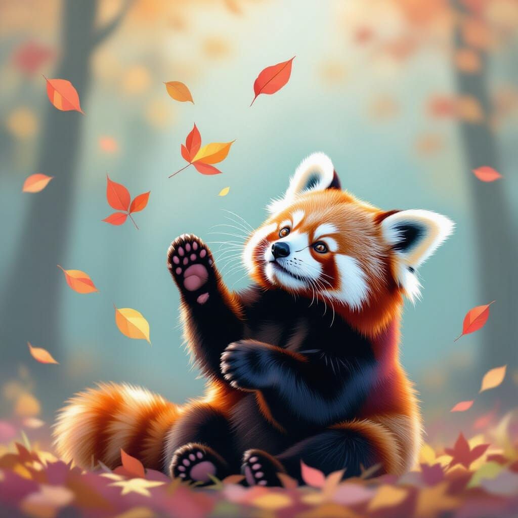 Red Panda Joyfully Plays in Falling Leaves
