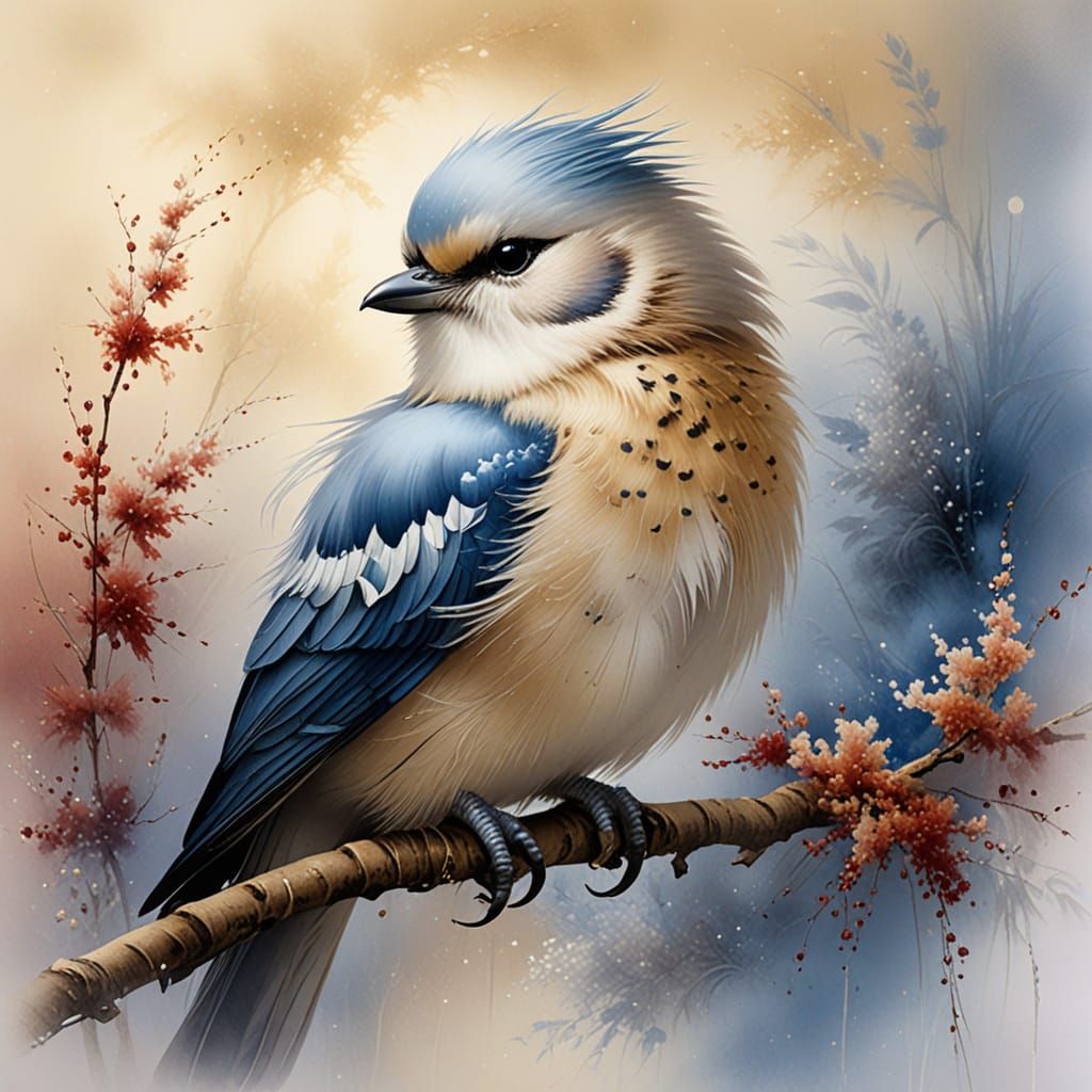 Fluffy Bird in Chinese Landscape Painting