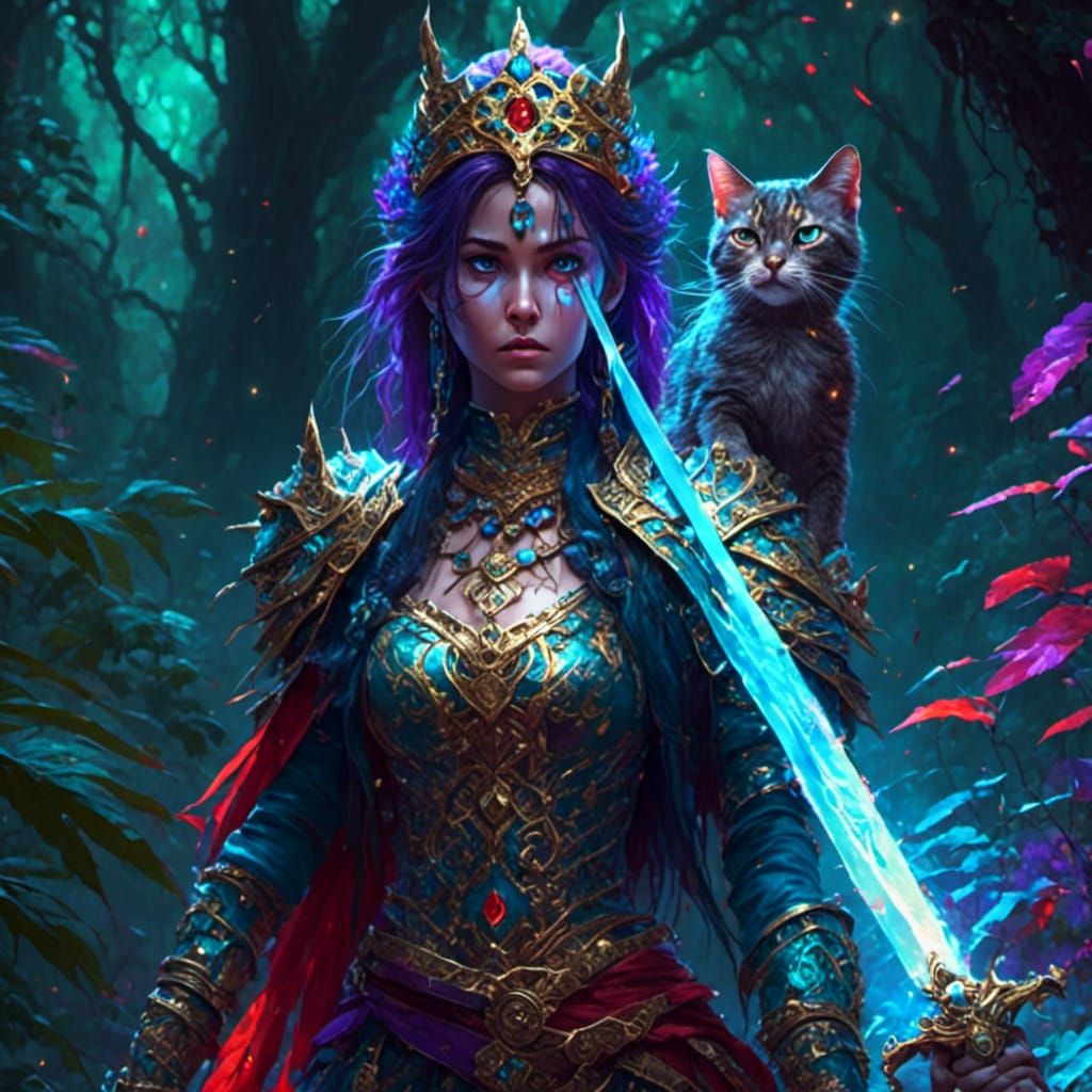 Girl and Cat Battle Knight in Hyperreal Indian Forest