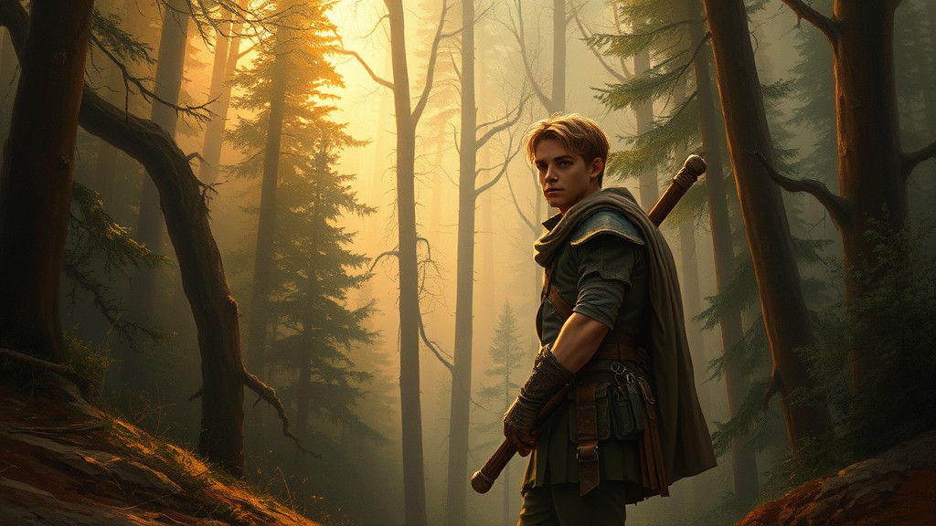 Young Adventurer at Misty Forest Edge in Romantic Style