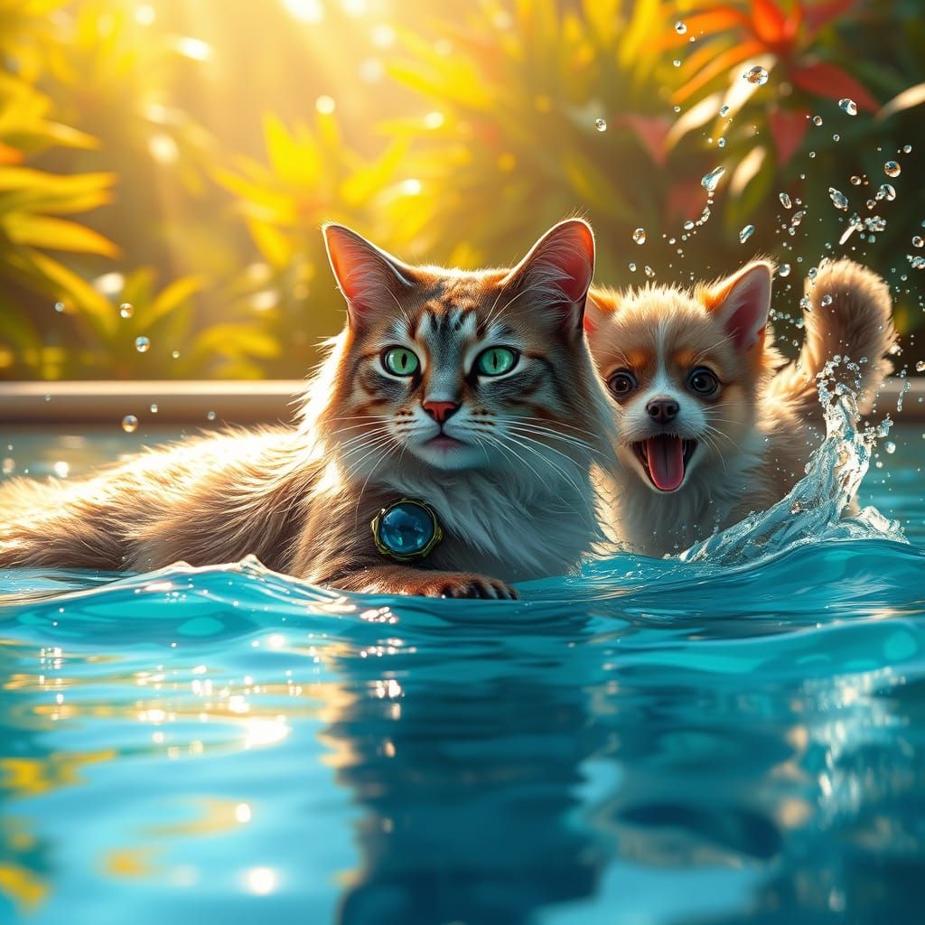 Majestic Cat and Playful Dog in Vibrant Pool Scene