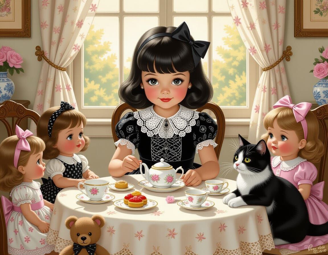 Girl's Whimsical Tea Party with Dolls, in Storybook Style