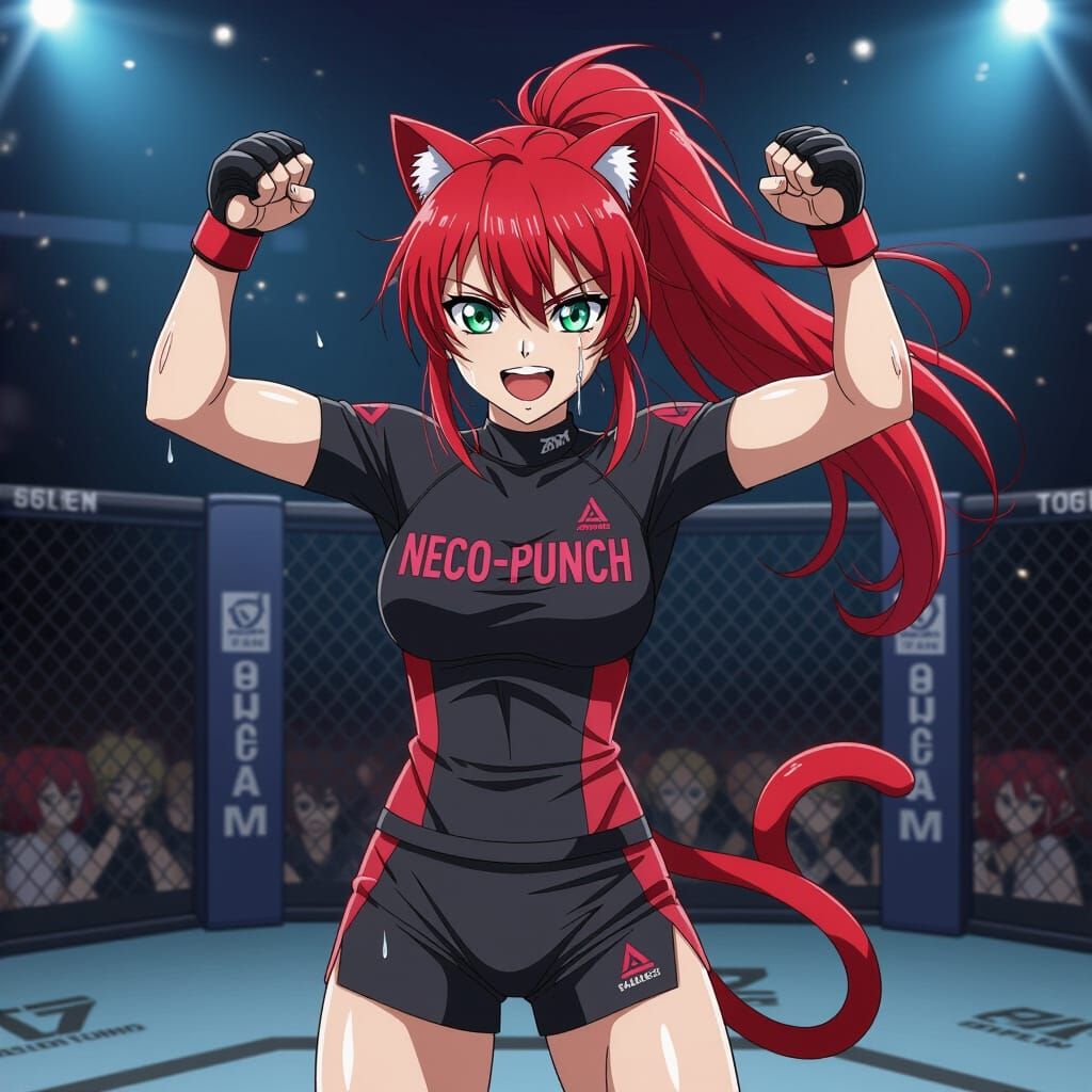 Anime MMA Woman Celebrates Victory in Octagon