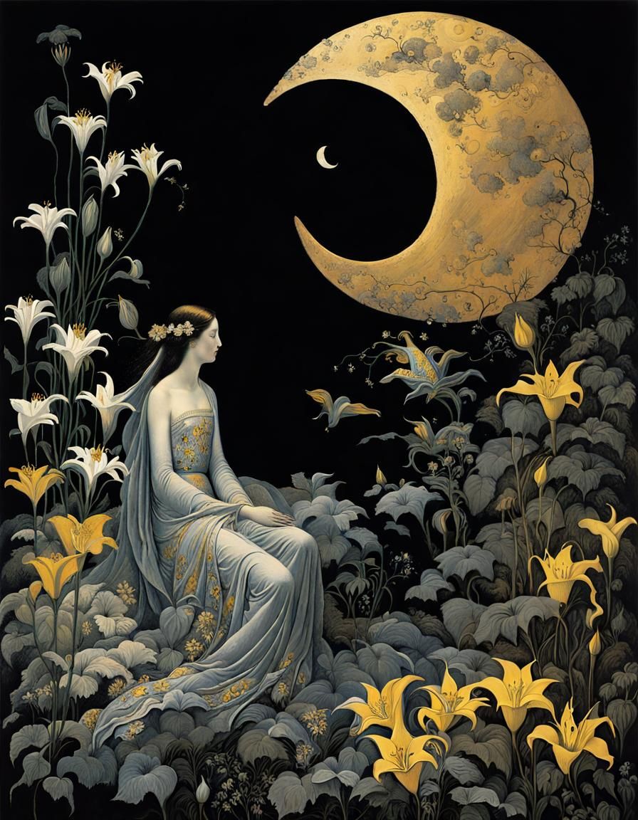 Dreamlike Grattage Art: Maiden, Dragon, and Lilies