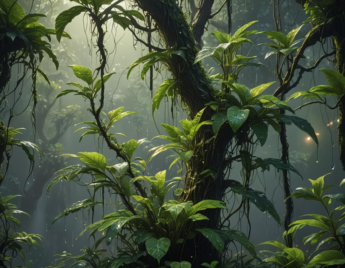 Amazon Forest: Dew-Kissed Plant in Detailed Landscape