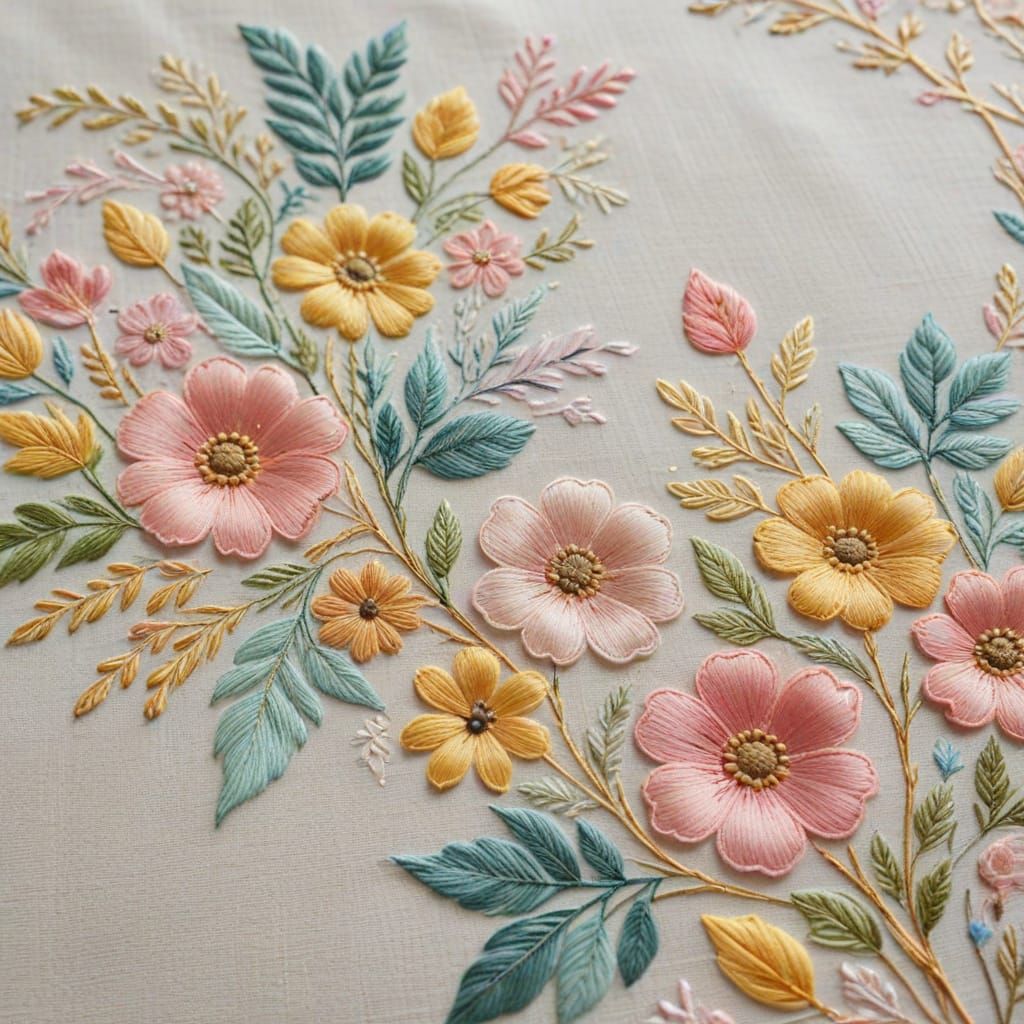 Vintage Linen with Embroidered Floral Border in Watercolor