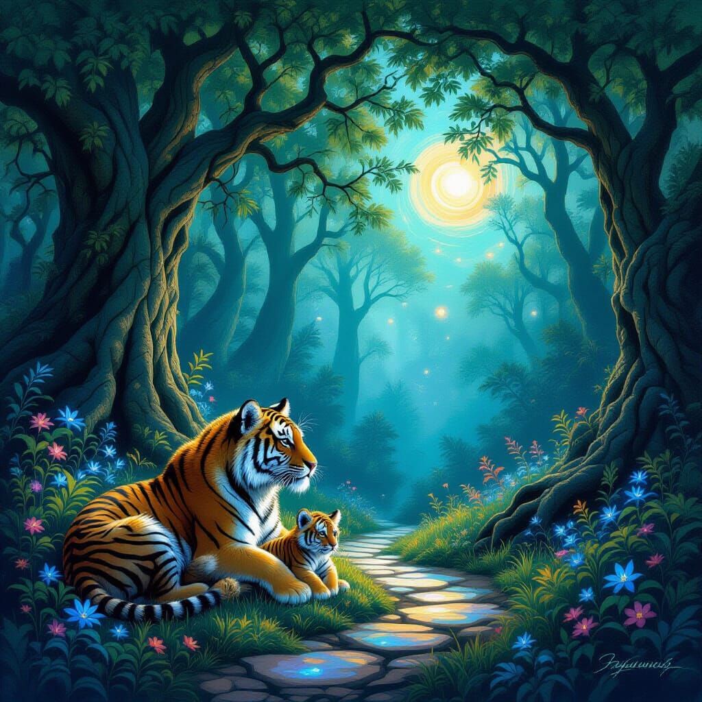 Tiger Family in Enchanted Forest Clearing Oil Painting