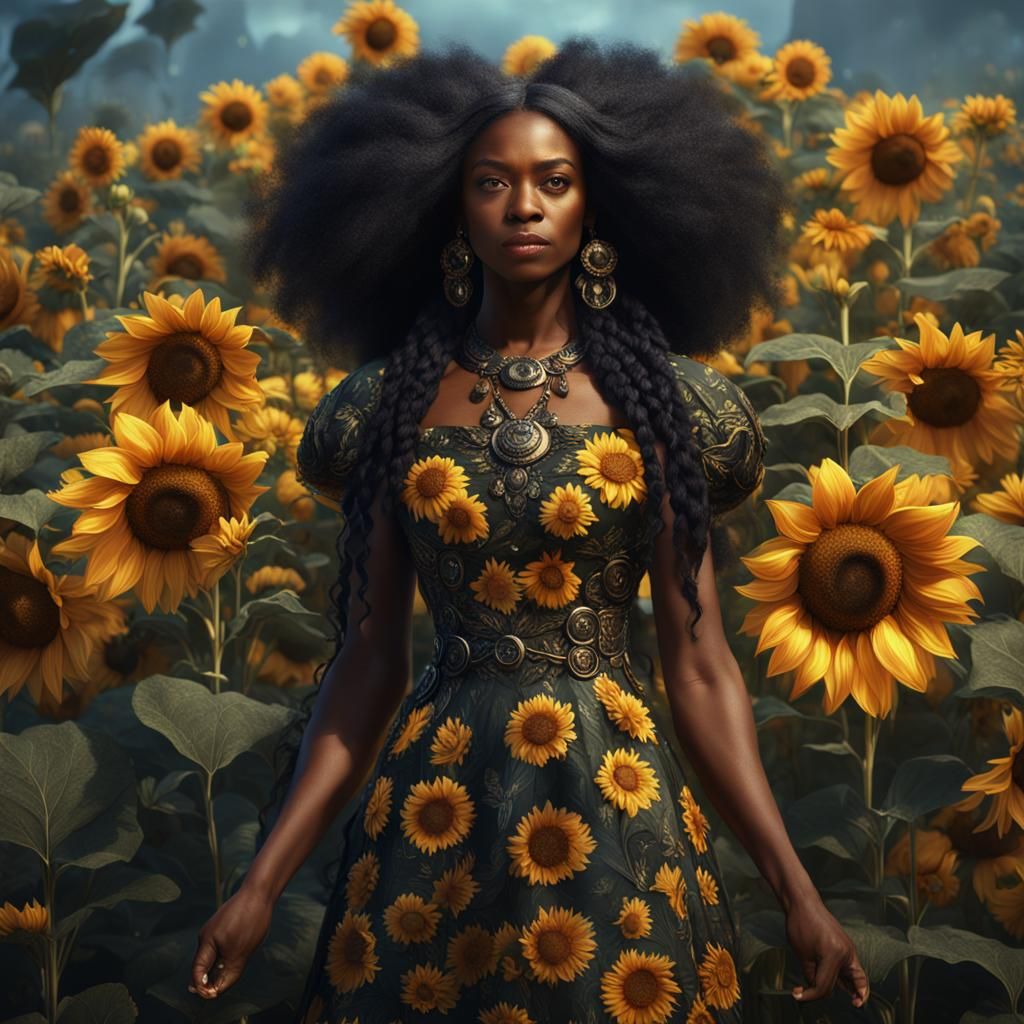 Black Woman in Sunflower Dress: Fantasy Concept Art