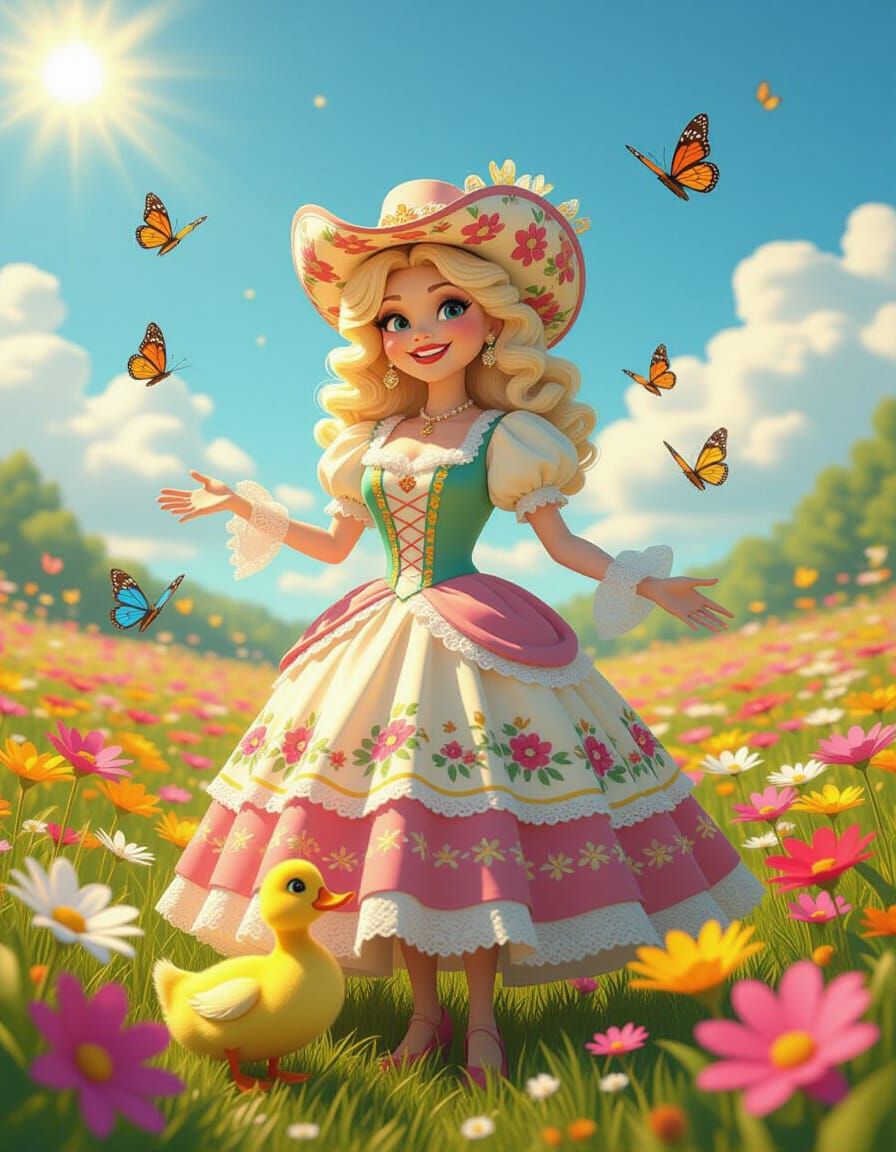 Dolly Parton in Flower Meadow, Pixar-Style 3D