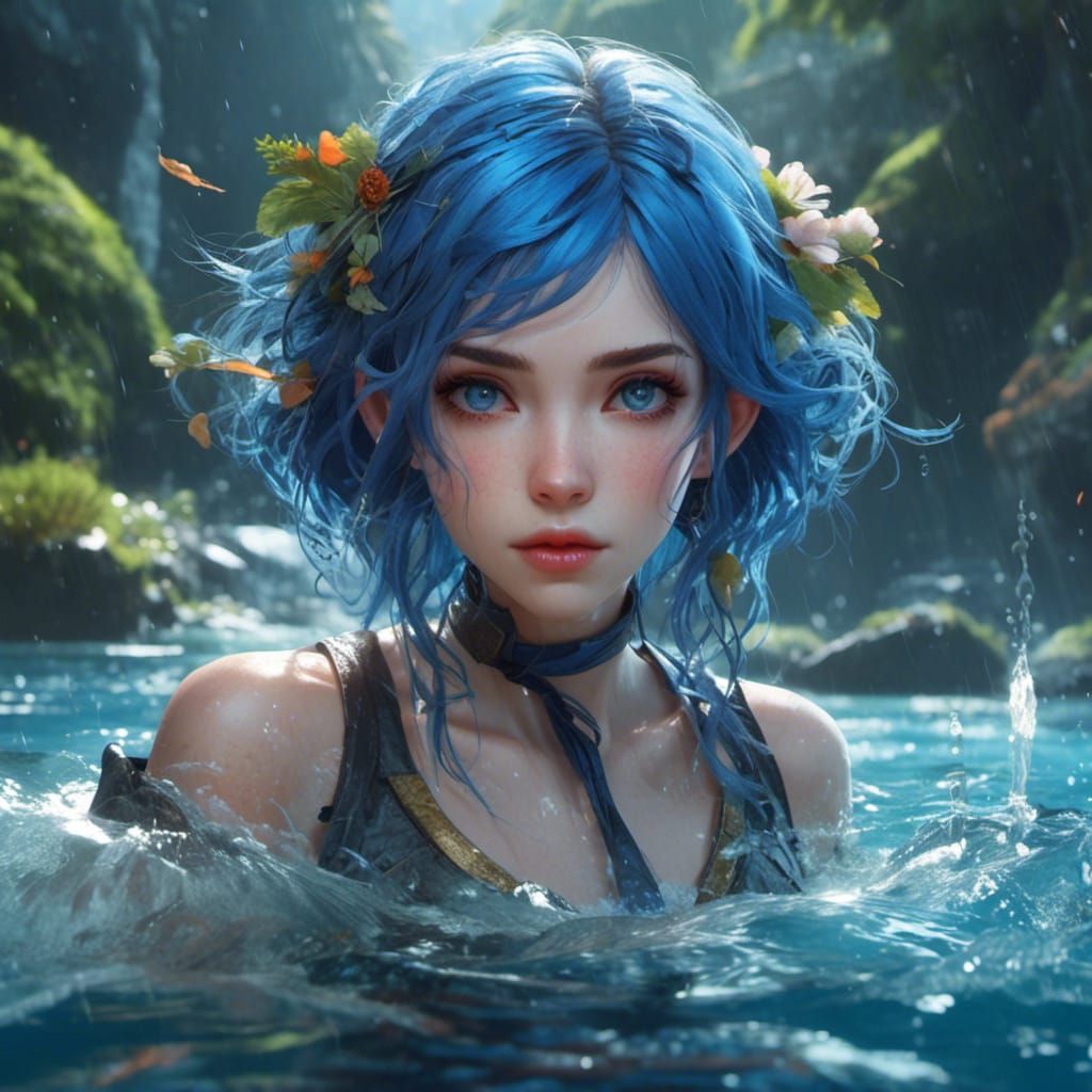 Anime Style Blue Hair Woman Surrounded by Water
