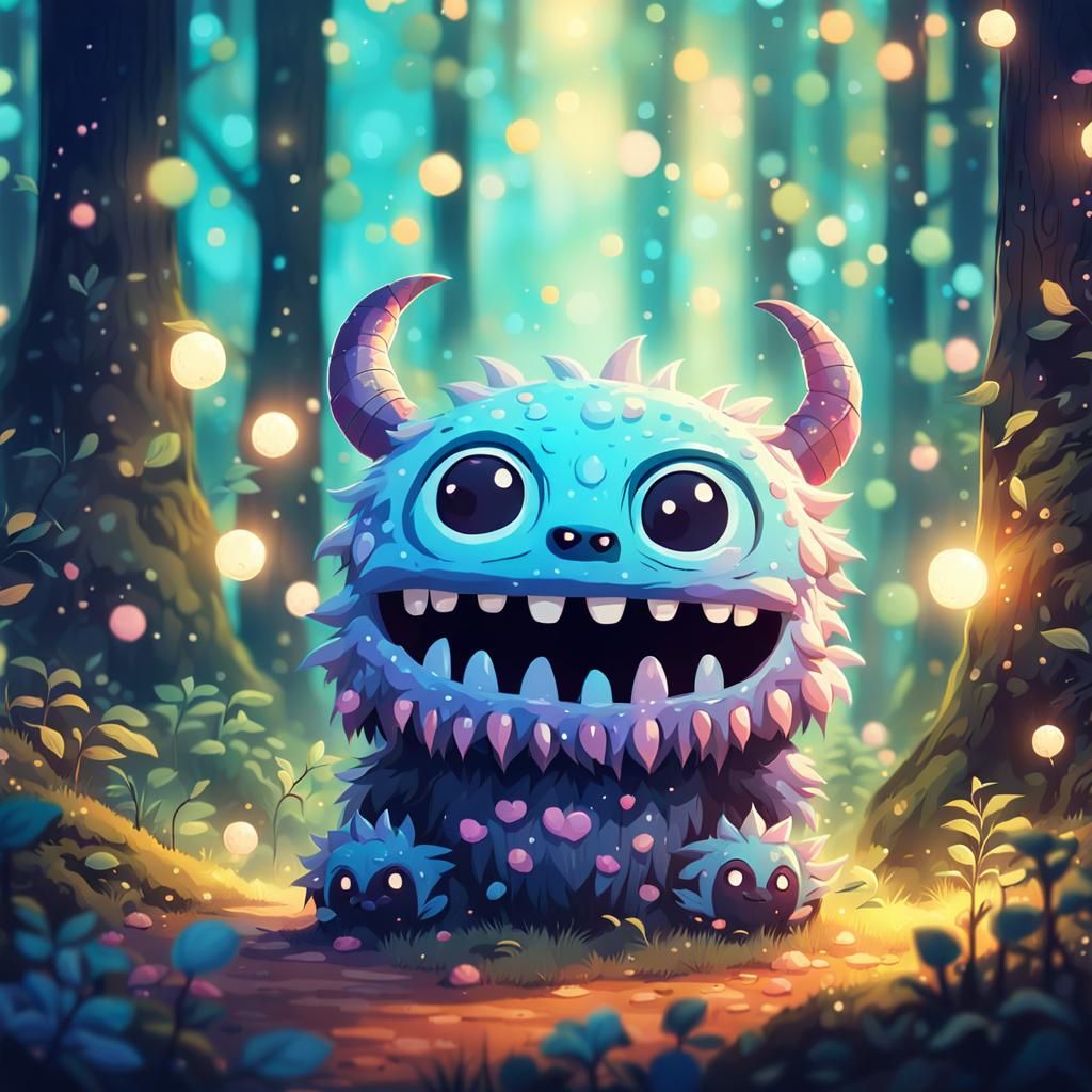 Whimsical Chibi Monster in Dreamy Forest, by Miyazaki