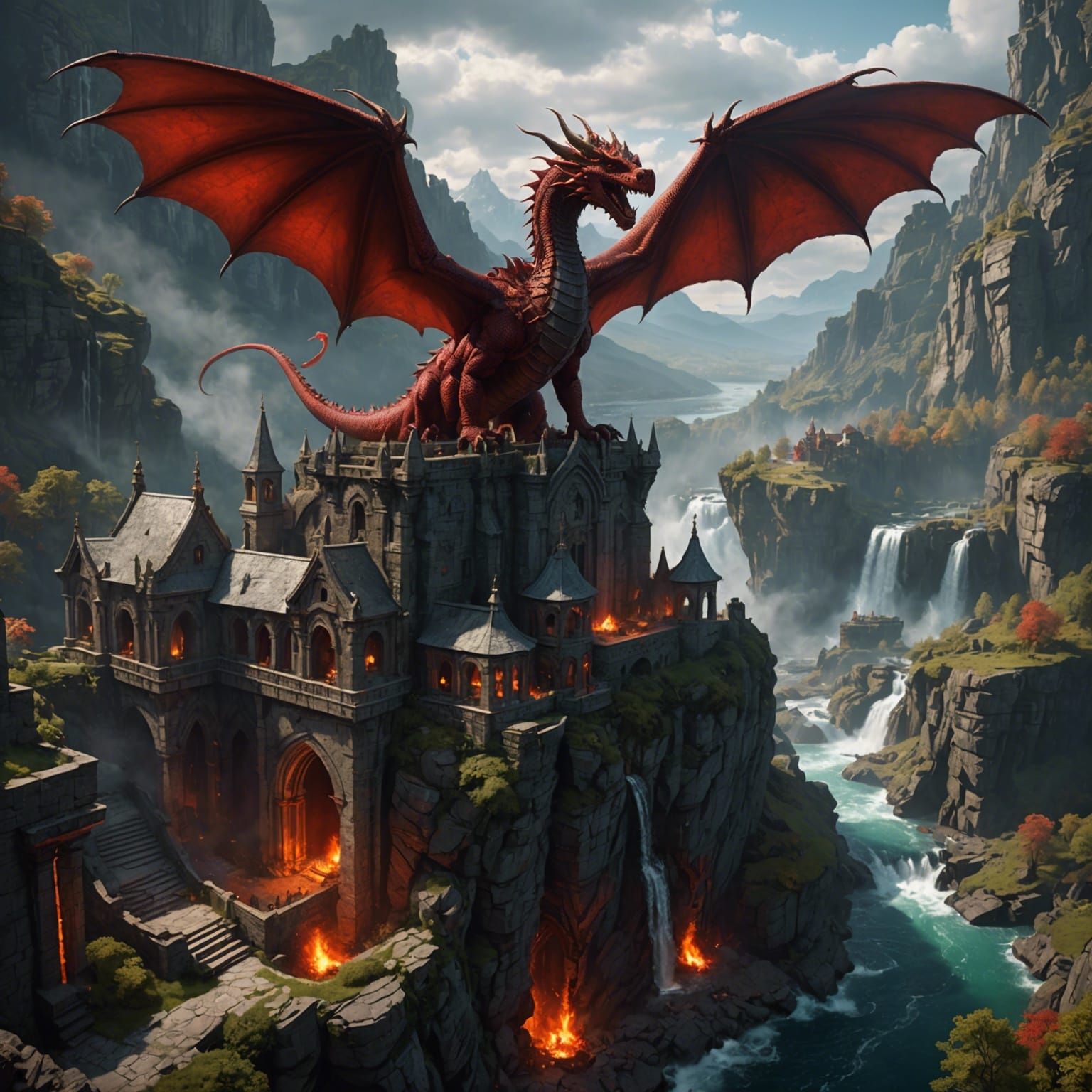 Majestic Red Dragon Over Burning Monastery