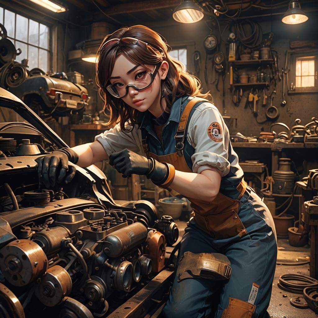 Anime Girl Repairs Muscle Car in 3D Render