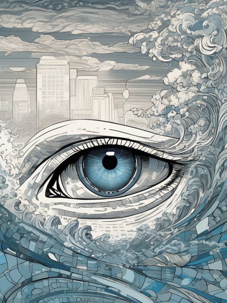 Hyperrealistic Eye Surrounded by Endless Ocean