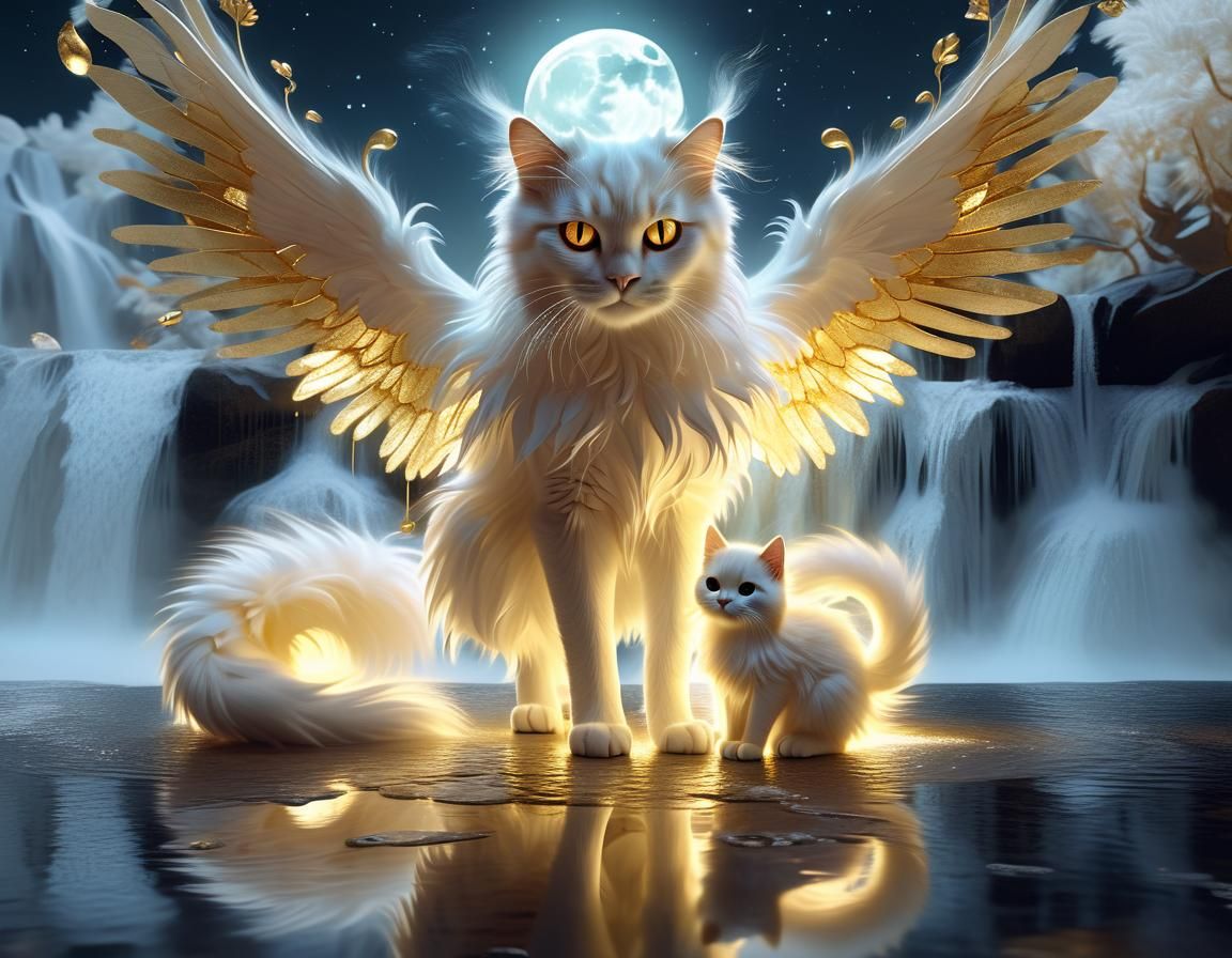 Holographic Gold Cat Creature Near Waterfall