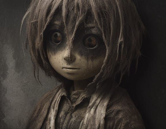 Eerie Plaster Chibi Potato Sack Puppet in Grungy Oil Style