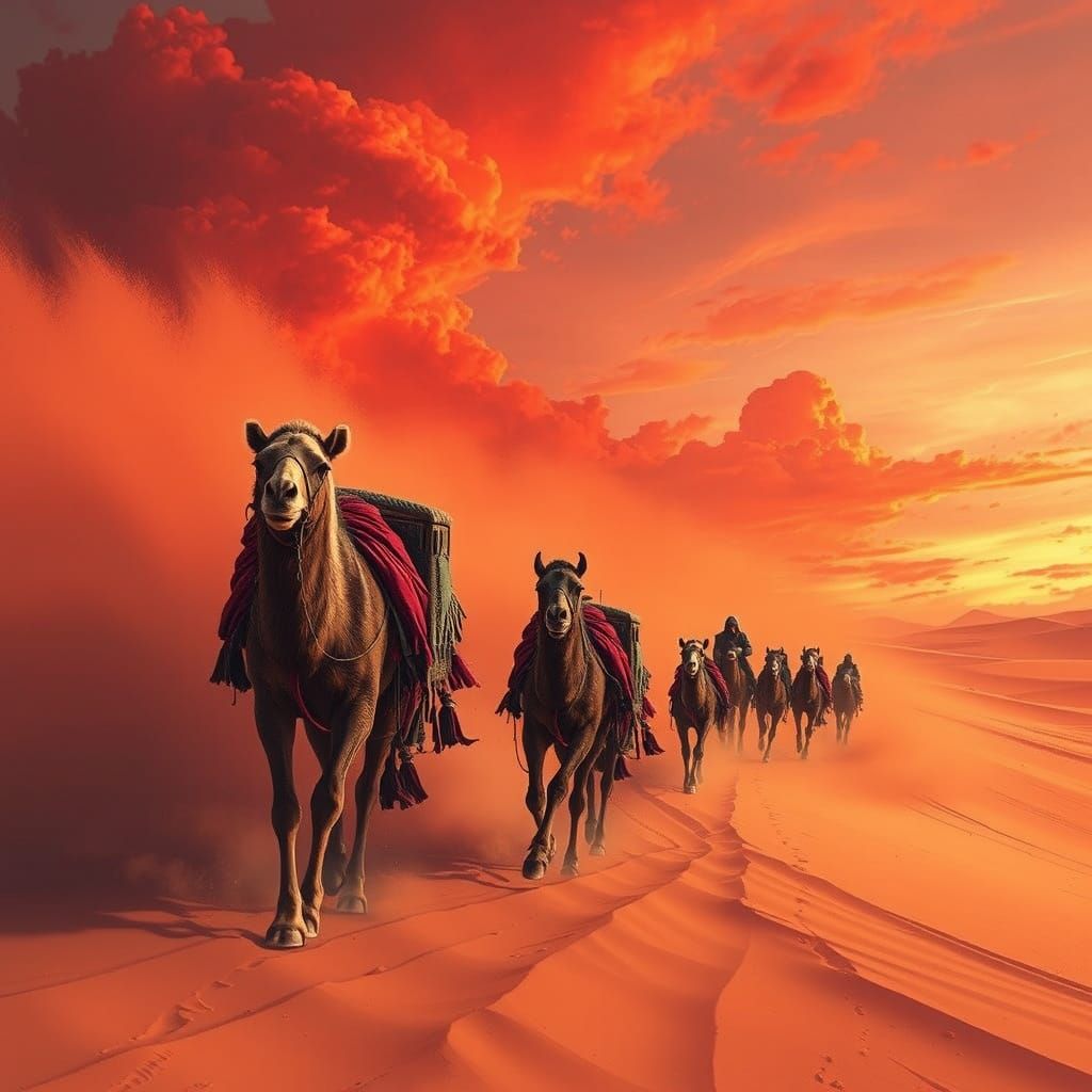 Camels and Bedouins in a Raging Desert Sandstorm