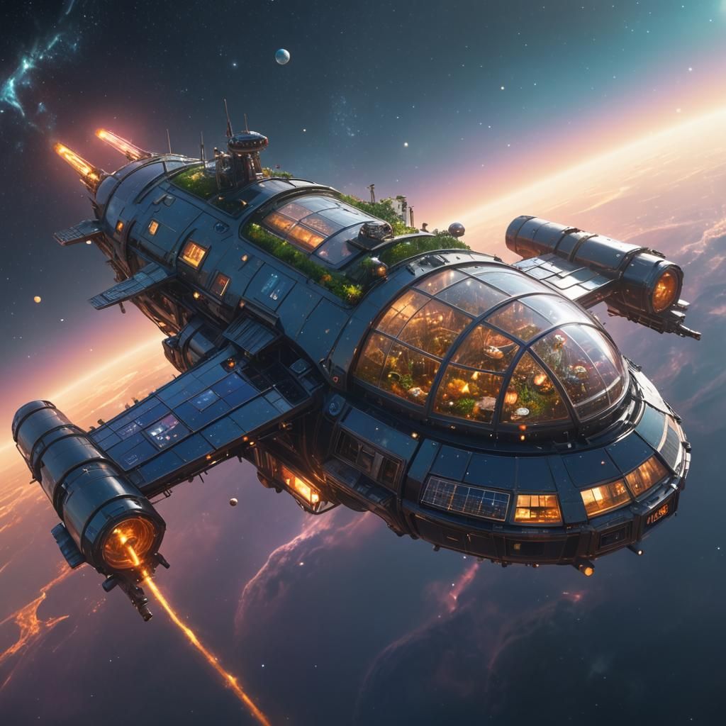 Solarpunk Spaceship with Greenhouse Gardens