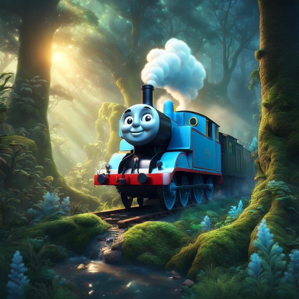 Thomas the Tank Engine in Whimsical Bioluminescent Forest