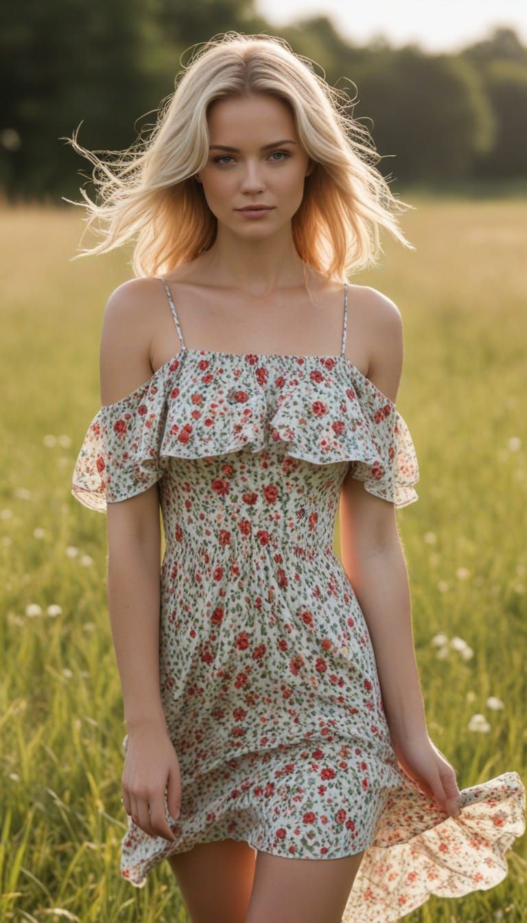 Blonde Woman in Floral Dress Gazes Directly